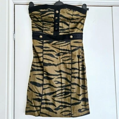 Khaki Green Black Animal Print Stripe Bandeau Mini Bodycon Dress New - Image 1 of 4