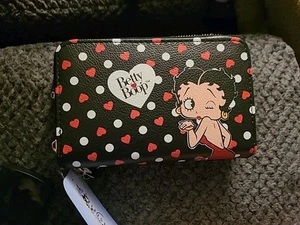 Betty Boop Black With White Polka Dot Zipper Wristlet Wallet - Licensed New - Picture 1 of 12