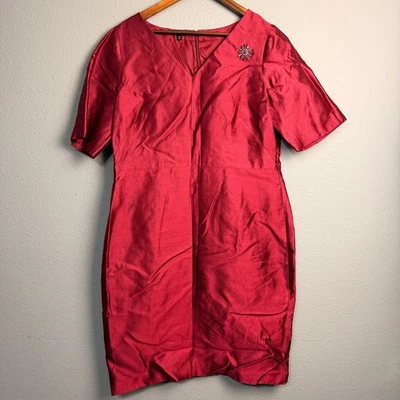 Talbots Red Silk Blend Sheath Dress Jewel Embellished V-Neck Knee Length Size 16 - Image 1 of 4