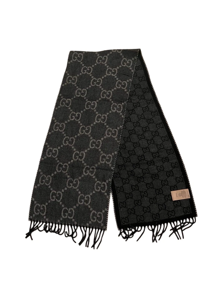 GUCCI GG Bufanda de Lana Jacquard Reversible Gris-Negro Hecha en Italia Foto 1 de 3