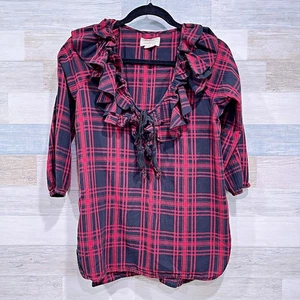 Camisa DENIM & SUPPLY Ralph Lauren Volantes Cuadros Roja Negra Manga 3/4 Mujer Pequeña - Imagen 1 de 4