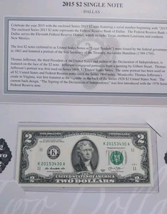 2015 $2 Single Note Federal Reserve of Dallas - Brand New - Picture 1 of 2