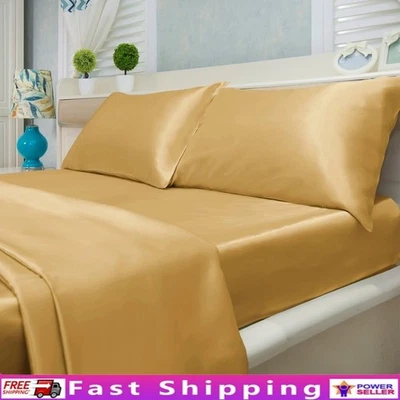 Soft Satin Bed Sheet Set 4-Piece Hypoallergenic Deep Pocket Easy Care Silky New - Image 1 of 3