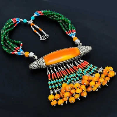 Collana di perline in argento sterling 925 boemo onice turchese ambra... - Immagine 1 di 4