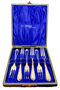 Horquillas de entremeses o frutas Sheffield chapadas en plata de 6 piezas vintage con estuche - Imagen 1 de 4