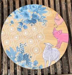 Life on the Farm 13" Bamboo Lazy Susan Turntable Pig Sheep Chick Farmhouse Urban - Picture 1 of 5