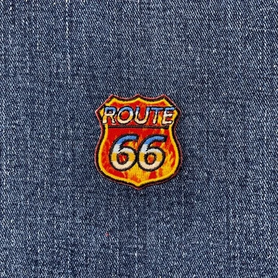 Route 66 Patch - Mini Embroidered Highway Sign With Flames Badge 1.5" (Iron On) - Image 1 of 2