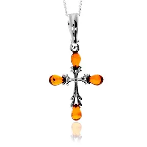 925 Argento Sterling & Vera Ambra Baltica Piccolo Pendente a Croce - AP11 - Foto 1 di 11