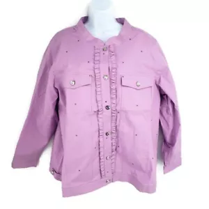 Quacker Factory Womens Bling Denim Jean Jacket 2X Purple Ruffle Rhinestones New - Picture 1 of 11