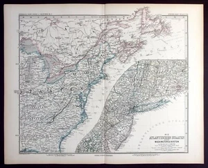 EE. UU., ESTADOS ATLÁNTICOS, MAINE, NUEVA YORK, mapa antiguo original, Stieler, 1889 - Imagen 1 de 5