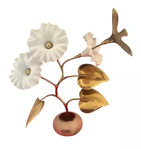 Brian Bijan 1985 Brass & Porcelain flower sculpture w/hummingbird 14” on marble - Picture 1 of 17