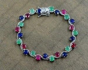 Pulsera de compromiso de plata de ley 925 con zafiro esmeralda rubí natural - Imagen 1 de 4