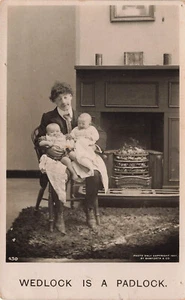 BAMFORTH COMIC RPPC WEDLOCK IS PADLOCK MAN W/ CRYING BABIES POSTCARD 060325 U - Picture 1 of 2