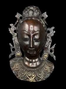 Kupfer Messing Metall Göttin Durga Sanskrit Gesicht Wandbehang Skulptur Vintage 9" - Bild 1 von 15