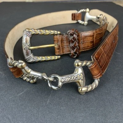 BRIGHTON Belt 1996 Brown Braided Leather Alligator Chain Chunky Link M - Image 1 of 4