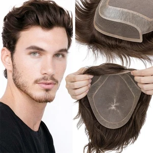 Mens Fine MONO/Skin PU/Lace Remy Human Hair Piece Toupee Topper Hairpiece Wig - Picture 1 of 89