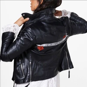 Black Genuine Leather Biker Jacket by Boohoo Medium Embroidered MSRP $190 - Picture 1 of 9