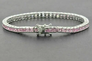 10Ct Princess Cut Simulated Pink Sapphire Tennis Bracelet 925 Silver Gold Plated - Picture 1 of 3