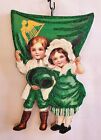 IRISH KIDS w GREEN FLAG, FIGURAL HARP * Glitter St. PAT&#39;s ORNAMENT * Vtg Img