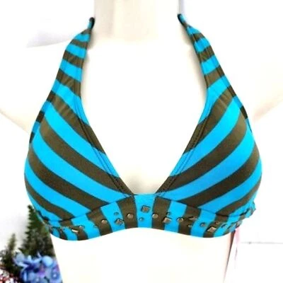 Halter Bikini Top by Ella Moss - Striped, Brass Stud Details - Blue/Brown, XS - Image 1 of 4