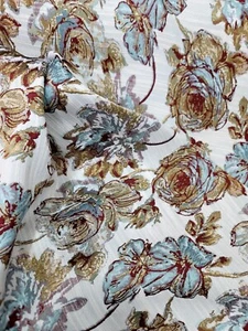 Fabric Sold By The Yard Chenille Brocade Floral Aqua Blue Brown Beige Upholstery - Picture 1 of 13