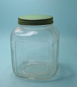 VINTAGE FARMHOUSE HOOSIER CABINET RIBBED GLASS CANISTER JAR GREEN LID - Picture 1 of 8