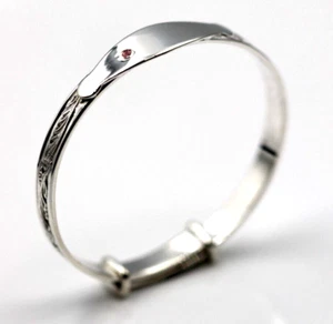 Sterling Silver Child's Engraved Expanding Bangle + ID Plate Pink CZ -Free post - Bild 1 von 10