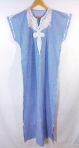 Unisex CAFTAN Dress Blue White Striped Ribbon Embroidered Front Short Sleeves