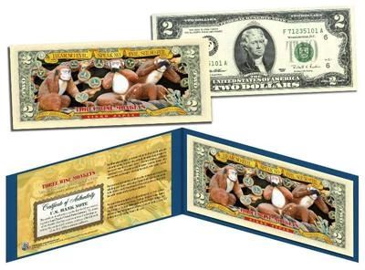 THREE WISE MONKEYS No Evil * Toshogu Shrine * Colorized US $2 Bill - Lucky Money - Image 1 of 2