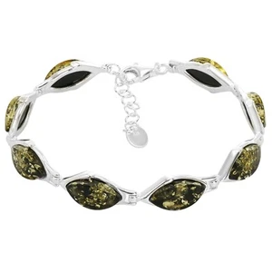 925 Sterling Silver Green Baltic Amber Marquise Adjustable Bracelet 8 Inches - Picture 1 of 7