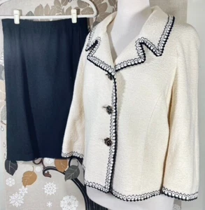 ST. JOHN COUTURE Knits Ivory Cream JACKET & Black Skirt 8 2pc Suit Buttons - Picture 1 of 13