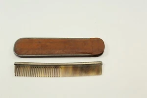 Vintage Carved Pocket Comb Metal Ridge Leather Storage Sheath Vanity Collectible - Picture 1 of 9