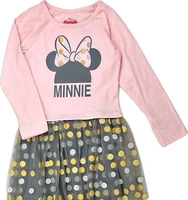 Disney Kids Pink Grey Polyester Long Sleeve Polka Dot Minnie Mouse Tutu Dress 6 - Image 1 of 2