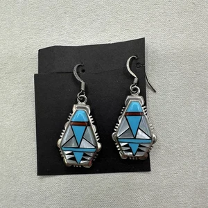 Native American Navajo Sterling Silver Turquoise MOP Dangle Drop Earrings - Picture 1 of 4