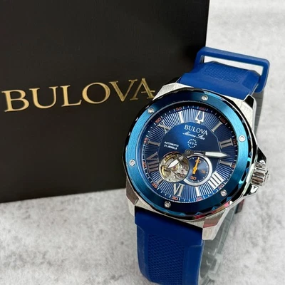 Bulova Marine Star 45mm Blue Dial Blue Rubber Strap Automatic Men's Watch 98A303 - Image 1 of 4