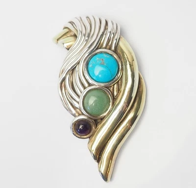 Grande Vintage Moderno Argento Sterling Turchese Ametista Elettroformata Perno - Immagine 1 di 3