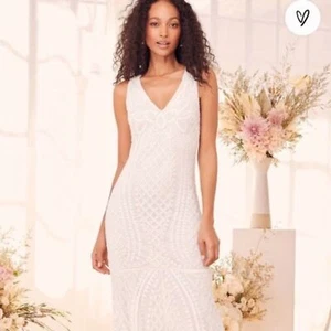 Lulu’s Alessandra White Beaded Sleeveless Mermaid Maxi Wedding Gown - NEW - Picture 1 of 16