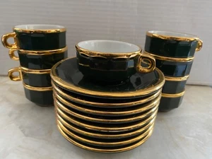 Vintage Pillivuyt France MCM Demitasse Espressotassen Untertassen Grün Gold 8er Set - Bild 1 von 14