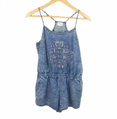 Mameluco Tobi Mediano Denim Lavado Ácido Azul Cambray Azteca Correas de Espagueti Boho Foto 1 de 4