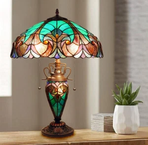 Aqua Blue Green Tiffany Inspired Victorian Stained Glass Table Lamp w/ Lit Base - Picture 1 of 6