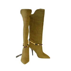 Isabel Marant Franklin Green Cloth Canvas Black Leather Trim Boot Heels Shoes 40 - Picture 1 of 11