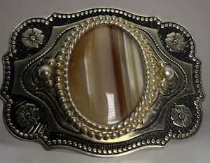 Carved Metal Decorative Belt Buckle W/ Jasper Cabochon Stone Western Made in USA - Picture 1 of 6