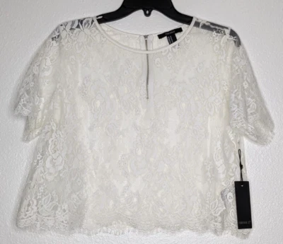 Blusa Forever 21 feminina floral renda transparente cropped tamanho médio branca com zíper nova com etiquetas - Imagem 1 de 4