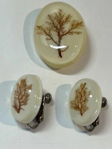 Vintage Lucite Confetti Embedded Flowers/branches Pin And Clamp-on Earring Set - Picture 1 of 6