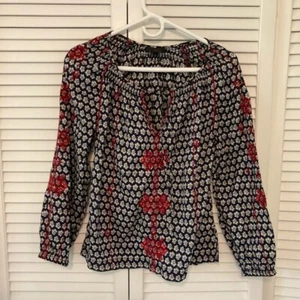 J. Crew Navy, White and 100% Cotton Red Smocked Embroidered Blouse Size 2 - Picture 1 of 7