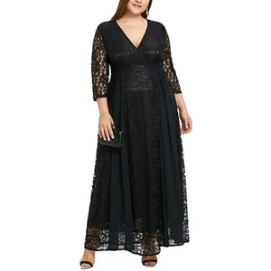 Maxi vestido de encaje para mujer cintura alta manga 3/4 cuello en V imitación frontal abertura cóctel XL - Imagen 1 de 5
