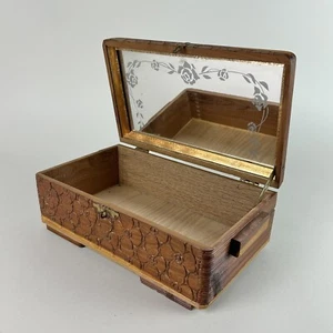 Vintage Carved Wooden Dovetail Keepsake Footed Jewelry Box With Mirror Inside - Picture 1 of 15