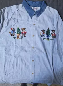 Vintage Nutcracker Shirt Women's Christmas Plus Size 18W Embroidered Cats Denim - Picture 1 of 5