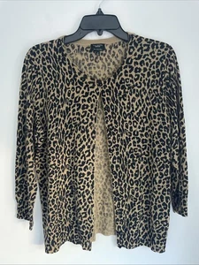 Talbots Italian Merino Wool Knit Cardigan Sweater M 3/4 Sleeve Leopard Mob Wife - Picture 1 of 4