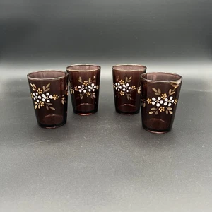 Victorian Amethyst Hand Painted Glass Tumbler Enamel Florals Gold Rim Set 4 - Picture 1 of 12